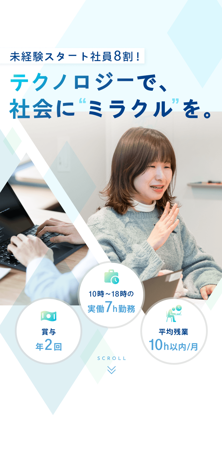未経験スタート社員8割！テクノロジーで、社会に ミラクル を。賞与年2回 10時～18時の実働7h勤務 平均残業10h以内/月