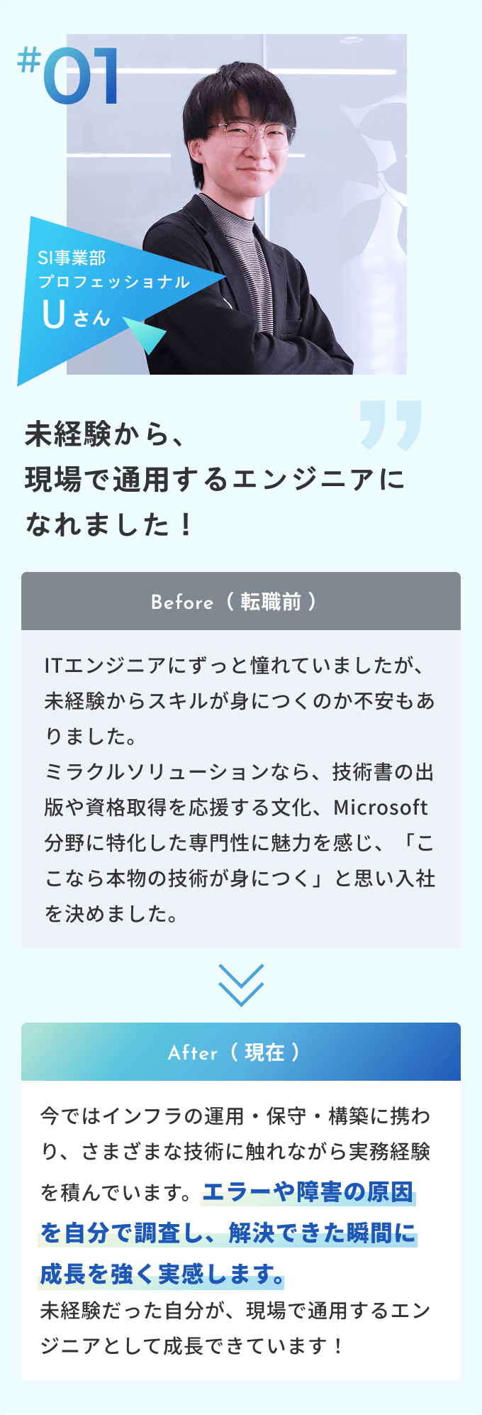 #01 SI事業部 プロフェッショナル Uさん 未経験から、現場で通用するエンジニアになれました！Before（ 転職前 ）ITエンジニアにずっと憧れていましたが、未経験からスキルが身につくのか不安もありました。ミラクルソリューションなら、技術書の出版や資格取得を応援する文化、Microsoft分野に特化した専門性に魅力を感じ、「ここなら本物の技術が身につく」と思い入社を決めました。After（ 現在 ）今ではインフラの運用・保守・構築に携わり、さまざまな技術に触れながら実務経験を積んでいます。エラーや障害の原因を自分で調査し、解決できた瞬間に成長を強く実感します。未経験だった自分が、現場で通用するエンジニアとして成長できています！